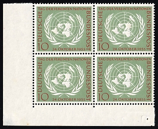 1955 10pf German Federal Republic, Germany, Corner Marginal Block of Four