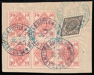 1886-91 3k, 10k Pskov Zemstvo on piece, Postmark #SHG5, Blue Circular Datestamps '30 May 1891'