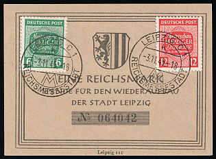 1945 'Reichsmark donation for the reconstruction of the city of Leipzig' West Saxony, Soviet Russian Zone of Occupation, Souvenir Card franked with complete set of 6pf - 12pf