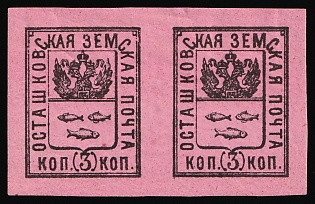 1896 3k Ostashkov Zemstvo, Imperforate Horizontal Pair, Types 5+6