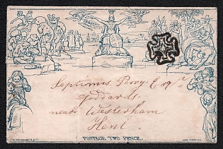1840 (ca) Local Mulready letter sheet Great Britain to Westerham, Kent (Great Britain), "postage two pence" Mulready postal stationery (Great Britain), canceled by Maltese Cross postmark. Postmark on back side B/?E/14/????