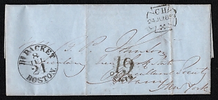 1853 Stampless international letter sheet from Chester (Great Britain) to New York (USA), framed rectangular with cut corners "CH / 24 JUI 1853 / X" Chester origin postmark on front, payment postmark tax cachet "19 cents" (applied in Great Britain, this is a credit marking to the US Post Office for internal inland transit). Via Boston July 24, 1853. No arrival postmark