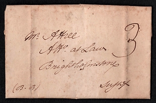 1782 (11 Feb) Pre-philatelic stampless letter sheet from Horsham (Great Britain) to Brighthelmstone (Great Britain), payment postmark handwritten "3". Straight-line "Horsham" postmark
