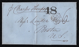 1855 (15 Jun) Stampless international letter sheet from Liverpool (Great Britain) to Boston (USA). Carried ship "Charles Thompson" handwritten on front, framed rectangular with cut corners "LS / 15  JU 15 / 1855" Liverpool origin postmark on front, payment postmark handwritten rate "6", black large hand-struck "48" taxation mark. Black oval "CHARLES GUMM / SHIP BROKER / LONDON" forwarder cachet on reverse. Arrive in Boston June 28, 1855