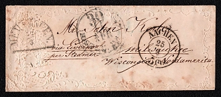 1852 (22 Mar) Stampless international cover from Memmingen (Kingdom of Bavaria, Germany) to Milwaukee (USA), payment postmark handwritten rate "2", black cachet rate "30".  Black handwritten route endorsement "via Liverpool / per Steamer" on front. Black three-line "LEIPZIG. / 24 3 2 / MAGDEB:" railway transit postmark on reverse, black circular "AACHEN / 25 3/ 5 Cts (5 Cents)" transit postmark on front, Via Boston April 11, 1852. No arrival postmark