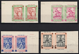 1942 Polish Forces in Great Britain, Polish Field Post, WWII, Poland, Marginal Corner Imperforate Pairs, Complete Set