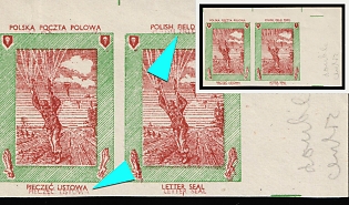 1942 Parachutist, Polish Forces in Great Britain, Polish Field Post, WWII, Poland, Marginal Corner Imperforate Pair, DOUBLE Printing