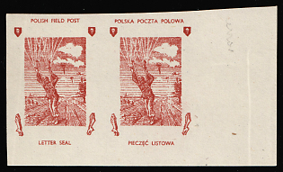 1942 Parachutist, Polish Forces in Great Britain, Polish Field Post, WWII, Poland, Marginal Corner Imperforate Pair Proof, MISSING Frame
