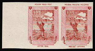 1942 Parachutist, Polish Forces in Great Britain, Polish Field Post, WWII, Poland, Marginal Corner Imperforate Pair Proof, Red Frame Instead of Green