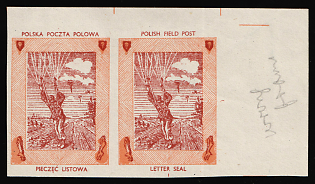 1942 Parachutist, Polish Forces in Great Britain, Polish Field Post, WWII, Poland, Marginal Corner Imperforate Pair Proof, Orange Frame Instead of Green