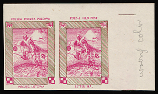 1942 Airman, Polish Forces in Great Britain, Polish Field Post, WWII, Poland, Marginal Corner Imperforate Pair Proof, WRONG Color and Frame, Green and Pink