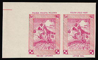1942 Airman, Polish Forces in Great Britain, Polish Field Post, WWII, Poland, Marginal Corner Imperforate Pair Proof, Red Frame Instead of Green