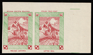 1942 Airman, Polish Forces in Great Britain, Polish Field Post, WWII, Poland, Marginal Corner Imperforate Pair Proof, Red Center Instead of Pink