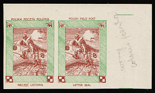 1942 Airman, Polish Forces in Great Britain, Polish Field Post, WWII, Poland, Marginal Corner Imperforate Pair Proof, Brown Center Instead of Pink