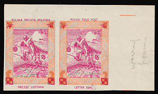 1942 Airman, Polish Forces in Great Britain, Polish Field Post, WWII, Poland, Marginal Corner Imperforate Pair Proof, Orange Frame Instead of Green
