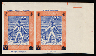 1942 Sailor, Polish Forces in Great Britain, Polish Field Post, WWII, Poland, Marginal Corner Imperforate Pair Proof, Orange Frame Instead of Pink