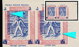 1942 Sailor, Polish Forces in Great Britain, Polish Field Post, WWII, Poland, Marginal Corner Imperforate Pair, SHIFTED Blue Color