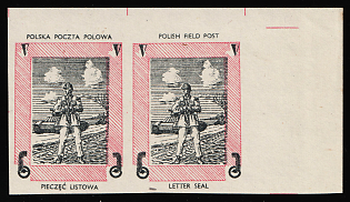 1942 Tank-man, Polish Forces in Great Britain, Polish Field Post, WWII, Poland, Marginal Corner Imperforate Pair Proof, WRONG Color Frame, Pink Instead of Orange