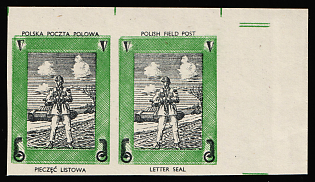 1942 Tank-man, Polish Forces in Great Britain, Polish Field Post, WWII, Poland, Marginal Corner Imperforate Pair Proof, WRONG Color Frame, Green Instead of Orange