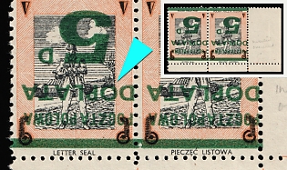 1943 Tank-man, Polish Forces in Great Britain, Polish Field Post, WWII, Poland, Marginal Corner Perforated Pair, Postage Due Stamp, INVERTED Overprint