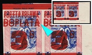 1943 3d Polish Forces in Great Britain, Polish Field Post, WWII, Poland, Marginal Corner Imperforate Pair, Postage Due Stamps, DOUBLE Overprint