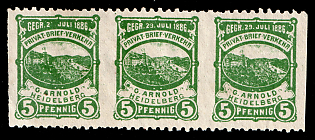 1887 5pf Heidelberg, Germany Local Post, Private City Mail, Strip of 3, MISSED Perforation