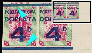 1943 4d Polish Forces in Great Britain, Polish Field Post, WWII, Poland, Marginal Corner Imperforate Pair, Postage Due Stamps, SHIFTED Overprint