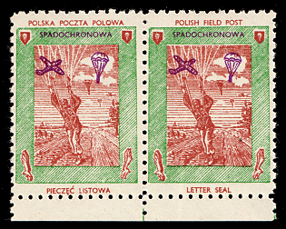 1943 Parachutist, Polish Forces in Great Britain, Polish Field Post, WWII, Poland, Marginal Perforated Pair with Overprint