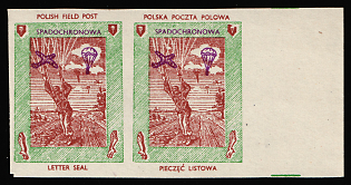 1943 Parachutist, Polish Forces in Great Britain, Polish Field Post, WWII, Poland, Marginal Imperforate Pair with Overprint
