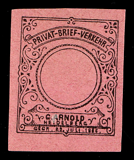 1890 Heidelberg, Germany Local Post, Private City Mail, Black Proof on Pink Paper, MISSING Denomination