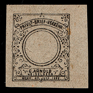 1890 Heidelberg, Germany Local Post, Private City Mail, Black Proof on Gray Paper, MISSING Denomination