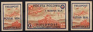 1942 1st Polish Army Corps, Polish Forces in Great Britain, Polish Field Post, WWII, Poland, Imperforate, Complete Set, Straw Paper, Postal Seal