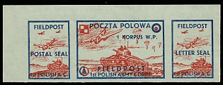 1942 1st Polish Army Corps, Polish Forces in Great Britain, Polish Field Post, WWII, Poland, Marginal Corner Imperforate Se-tenant, Complete Set, Light Green Paper, Postal Seal