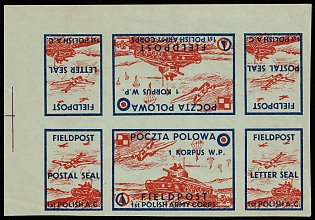 1942 1st Polish Army Corps, Polish Forces in Great Britain, Polish Field Post, WWII, Poland, Marginal Corner Imperforate Se-tenant, Tete-beche Block 2x3, Complete Set, Light Green Paper, Postal Seal