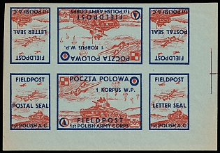 1942 1st Polish Army Corps, Polish Forces in Great Britain, Polish Field Post, WWII, Poland, Marginal Corner Imperforate Se-tenant, Tete-beche Block 2x3, Complete Set, Light Blue Paper, Postal Seal