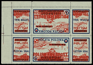 1942 1st Polish Army Corps, Polish Forces in Great Britain, Polish Field Post, WWII, Poland, Marginal Corner Perforated Se-tenant, Tete-beche Block 2x3 with Overprint, Complete Set, Light Green Paper, Postal Seal
