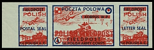 1942 1st Polish Army Corps, Polish Forces in Great Britain, Polish Field Post, WWII, Poland, Marginal Imperforate Se-tenant with Overprint, Complete Set, Light Green Paper, Postal Seal