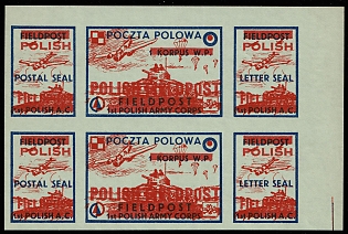 1942 1st Polish Army Corps, Polish Forces in Great Britain, Polish Field Post, WWII, Poland, Marginal Corner Imperforate Se-tenant, Block 2x3 with Overprint, Complete Set, Light Green Paper, Postal Seal