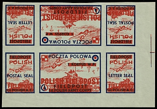 1942 1st Polish Army Corps, Polish Forces in Great Britain, Polish Field Post, WWII, Poland, Marginal Corner Imperforate Se-tenant, Tete-beche Block 2x3 with Overprint, Complete Set, Light Green Paper, Postal Seal