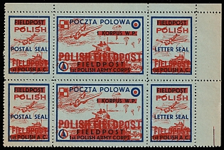 1942 1st Polish Army Corps, Polish Forces in Great Britain, Polish Field Post, WWII, Poland, Marginal Corner Perforated Se-tenant, Block 2x3 with Overprint, Complete Set, Light Blue Paper, Postal Seal