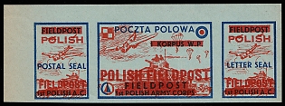 1942 1st Polish Army Corps, Polish Forces in Great Britain, Polish Field Post, WWII, Poland, Marginal Corner Imperforate Se-tenant with Overprint, Complete Set, Light Blue Paper, Postal Seal