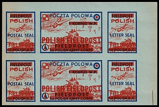 1942 1st Polish Army Corps, Polish Forces in Great Britain, Polish Field Post, WWII, Poland, Marginal Corner Imperforate Se-tenant, Block 2x3 with Overprint, Complete Set, Light Blue Paper, Postal Seal