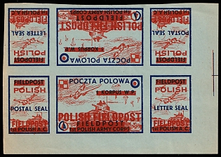 1942 1st Polish Army Corps, Polish Forces in Great Britain, Polish Field Post, WWII, Poland, Marginal Corner Imperforate Se-tenant, Tete-beche Block 2x3 with Overprint, Complete Set, Light Blue Paper, Postal Seal
