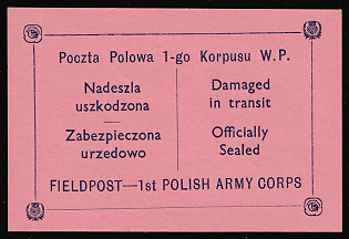 1941 1st Polish Army Corps, Official Seal Label, Polish Forces in Great Britain, Polish Field Post, WWII, Poland, Imperforate, Pink Paper