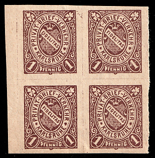 1886 1pf Karlsruhe 'A. Privat-Brief-Verkehr (Reinhardt) (Private Letter Traffic (Reinhardt))', Germany Local Post, Private City Mail, Block of Four