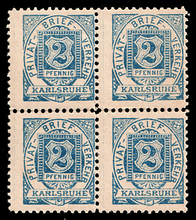 1886 2pf Karlsruhe 'A. Privat-Brief-Verkehr (Reinhardt) (Private Letter Traffic (Reinhardt))', Germany Local Post, Private City Mail, Block of Four