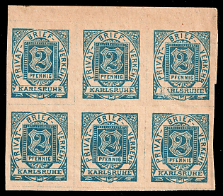 1886 2pf Karlsruhe 'A. Privat-Brief-Verkehr (Reinhardt) (Private Letter Traffic (Reinhardt))', Germany Local Post, Private City Mail, Block of 6