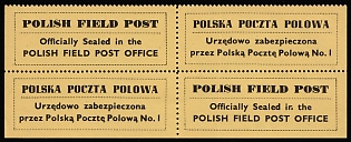 1942 Official Seal Label, Polish Forces in Great Britain, Polish Field Post, WWII, Poland, Perforated Block of Four, Thin Yellow Paper