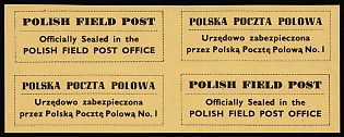 1942 Official Seal Label, Polish Forces in Great Britain, Polish Field Post, WWII, Poland, Imperforate Block of Four, Thin Yellow Paper