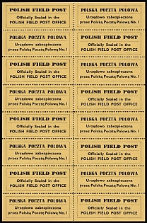 1942 Official Seal Label, Polish Forces in Great Britain, Polish Field Post, WWII, Poland, Perforated Complete Sheet, Thin Yellow Paper